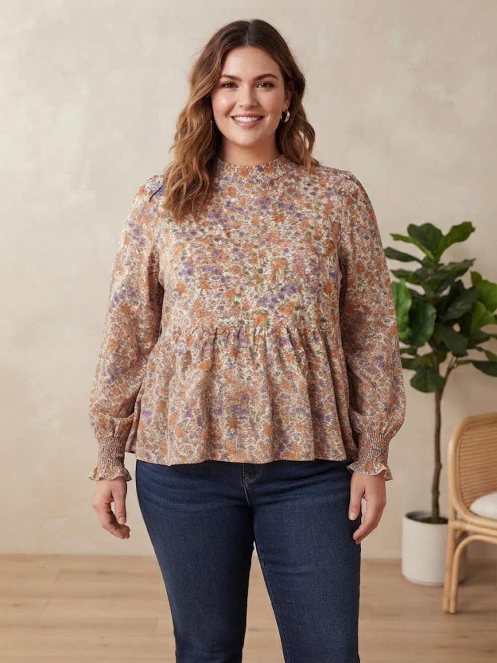 Smocked Yoke Floral Peplum Blouse - Tan Floral